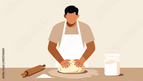 Person in apron kneading dough with rolling pin and jar of flour nearby