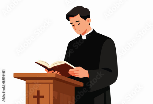 Clergy reading from an open book at a wooden pulpit with a cross