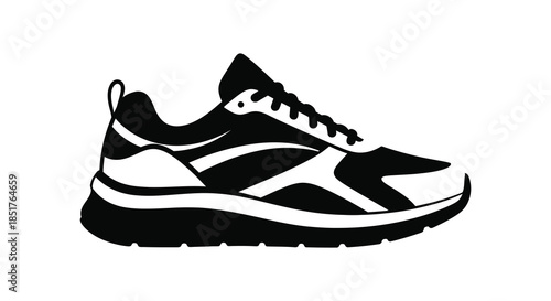 Detailed depiction of a modern running shoe in striking black and white silhouette