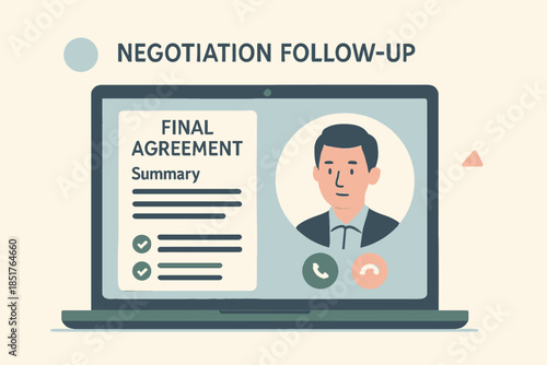 Negotiation FollowUp Final Agreement Summary on Laptop Screen with Man.