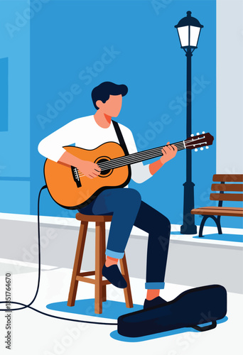 Man playing guitar on stool on street with lamppost and bench