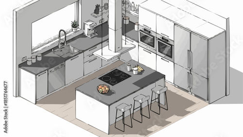 Modern Kitchen Island with Stools and Appliances.