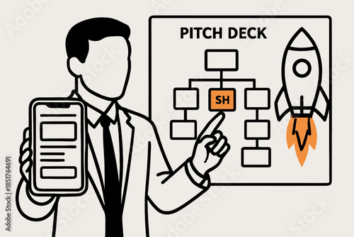 Pitch Deck Presentation Man Explaining Business Strategy with Rocket Illustration.