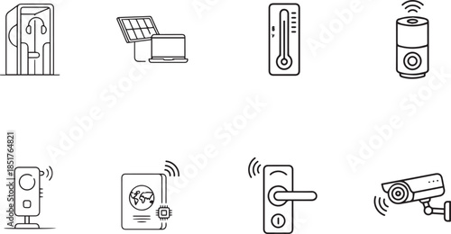 Smart Home and IoT Vector Icon Set: Modern Home Automation, Connected Devices, Security Systems, and Green Energy Technology Line Icons