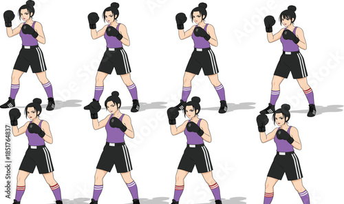 Set of Eight Female Boxer Character Poses Wearing Purple Top and Black Shorts for Fitness Gym and Combat Sports Branding.