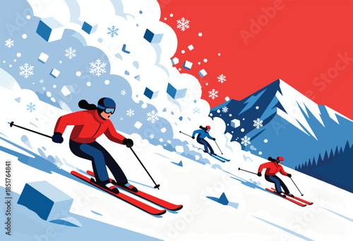 Divers on a snowy mountain slope amidst falling snow and ice blocks