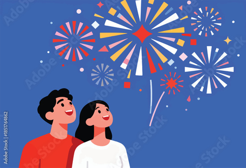 Couple watching colorful fireworks explode in a clear night sky