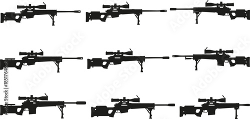 Black sniper rifle silhouettes collection, military precision firearms isolated on white background, tactical long range weapon illustration vector set design