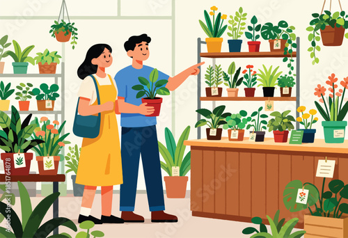 Couple browsing potted plants in a bright, cheerful store