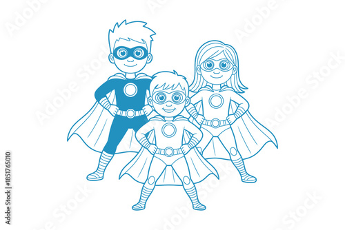 Three cartoon superheroes standing together in a line smiling confidently
