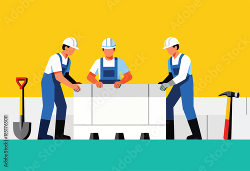 Three construction workers in blue overalls building a wall with white blocks