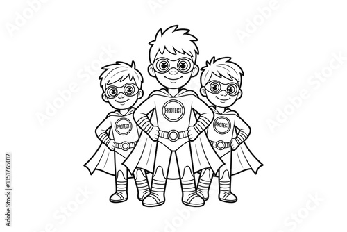 Three cartoon superheroes standing together in a line smiling confidently