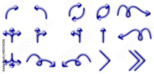 A collection of various blue arrow icons with different shapes and directions, including curved, circular, multi-directional, swirly, and chevron styles.
