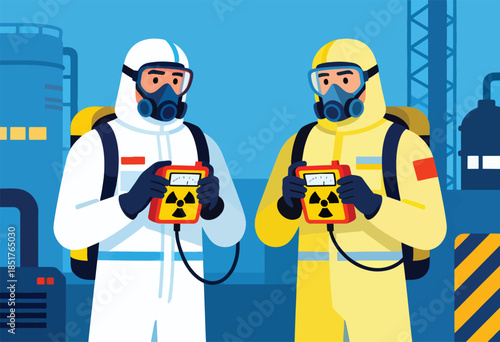 Two figures in hazmat suits hold radiation detectors in a industrial setting