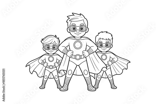 Three boys dressed as superheroes with capes and masks smiling