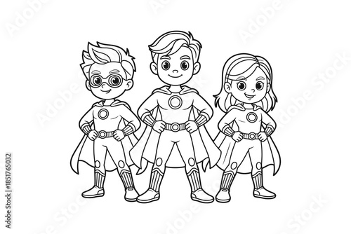 Three cartoon superheroes standing together in a line confidently smiling