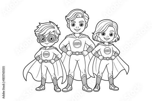Three cartoon superheroes standing together in a line smiling confidently