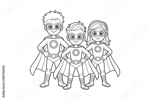 Three cartoon children dressed as superheroes with capes and masks smiling