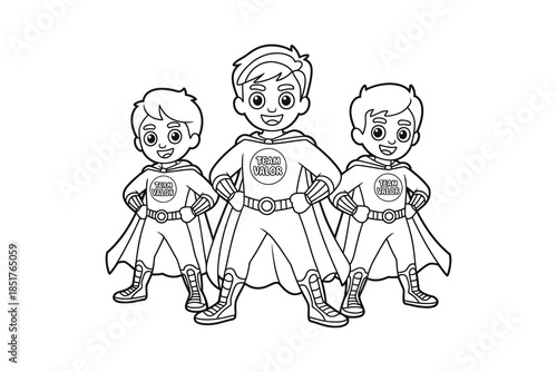 Three boys dressed as superheroes with capes and boots standing confidently