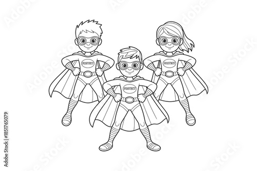 Three cartoon children dressed as superheroes with capes and masks