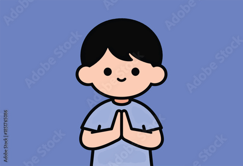 A simple, smiling cartoon person in a blue shirt with hands together