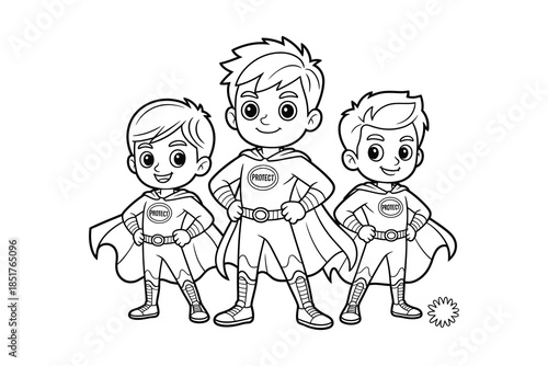 Three cartoon boys dressed as superheroes with capes and masks