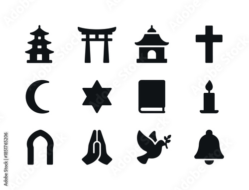Faith Iconography Grid. Cultural faith sites. Solid icon set of