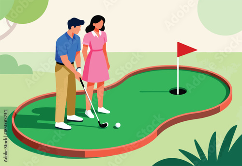 Man and woman playing mini golf on a green course with a red flag and hole
