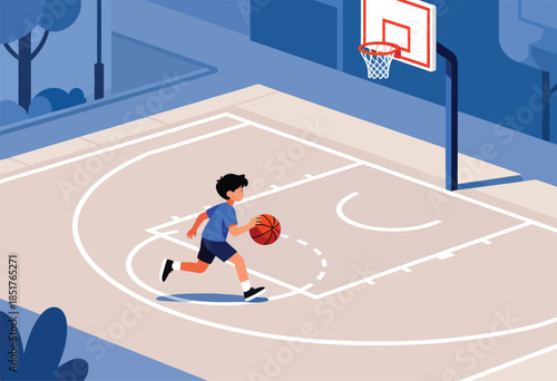 Boy dribbling basketball on court with hoop and trees in background