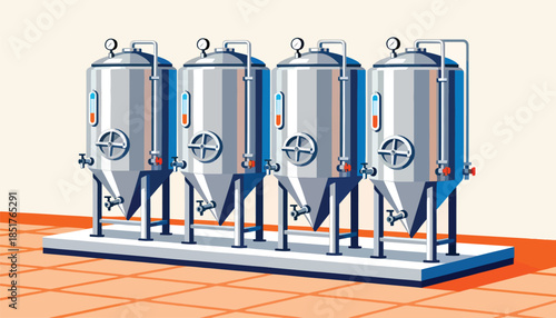Row of stainless steel fermentation tanks with gauges and valves