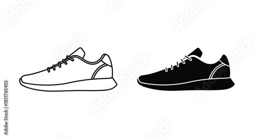 Detailed depiction of running shoes one outlined and one in stark black silhouette