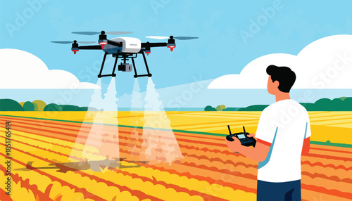 Man controlling drone spraying crops in field