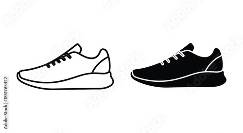 Two contrasting sneaker designs one outlined and one filled presented as a striking silhouette