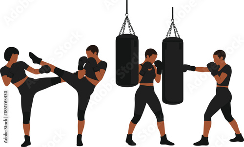 Set of Women Kickboxing and Boxing Silhouettes Practicing with Punching Bag for Fitness Gym and Martial Arts Branding.