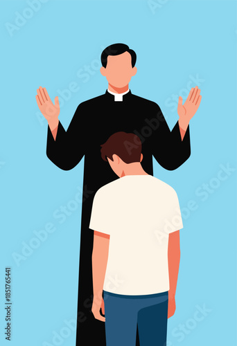 Clergyman with open arms blesses a bowed youth