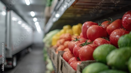 Medium shot of a refrigerated truck interior with chilled produce neatly stacked crisp and fresh in sharp focus while the surrounding cargo area blurs softly.