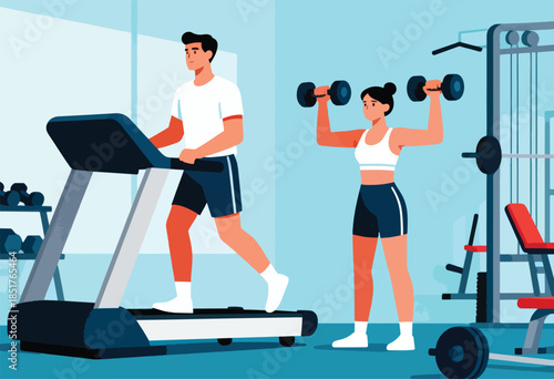 Fit man running on treadmill, woman lifting dumbbells in a gym