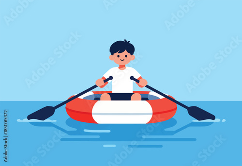 Cartoon boy rowing a red and white inflatable boat on a calm blue water