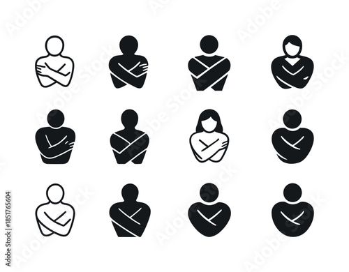 Self-Love Icon Set. A person hugging themselves, practicing self