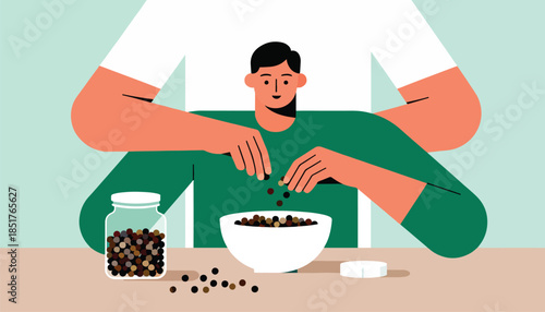 Man adding peppercorns to a bowl, preparing a meal