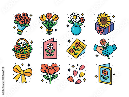 Isometric Floral Icons. Greet with flowers. Colorful isometric v