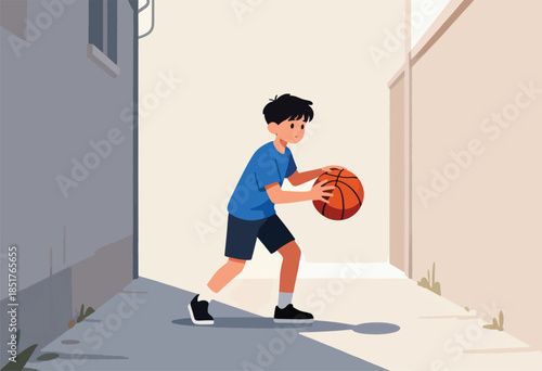 Young boy dribbling a basketball in an alleyway