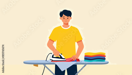 Person ironing clothes on a board, with a stack of folded garments beside them
