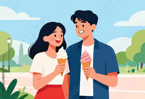 A joyful couple enjoys ice cream cones while strolling through a park on a sunny day
