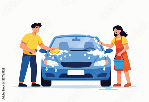 Man and woman washing a blue car with soap and water