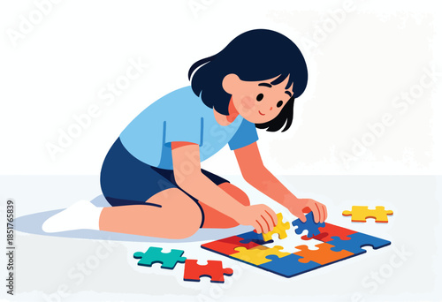 Child focused on fitting puzzle pieces together on a white floor