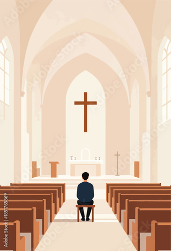 Solitary figure sits facing altar in empty church, bathed in soft, warm light