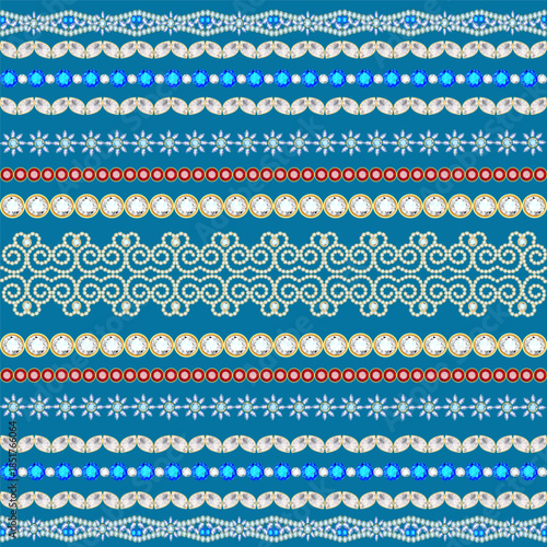 Illustration seamless pattern gold jewelry pendants beads borders and gems