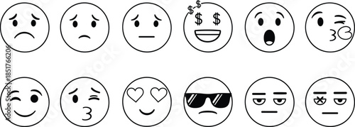 Emoji Face Expression Icon Set Black Outline Emoticon Reaction Vector Collection