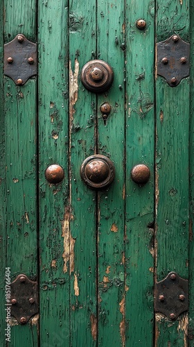 Weathered green wooden door, peeling paint, antique metal hardware